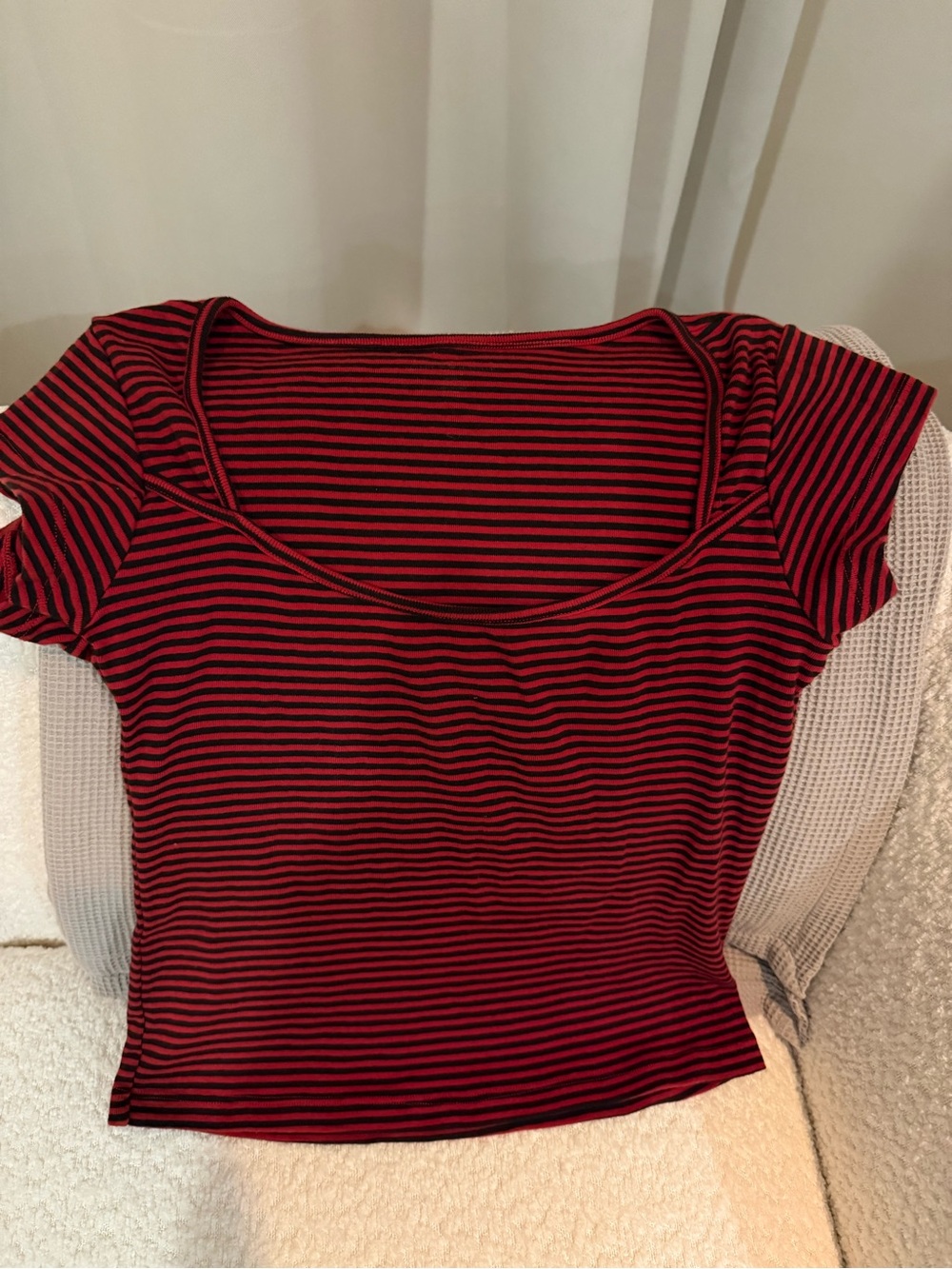 Brandy Melville Red and Black Striped Scoop Neck Tee